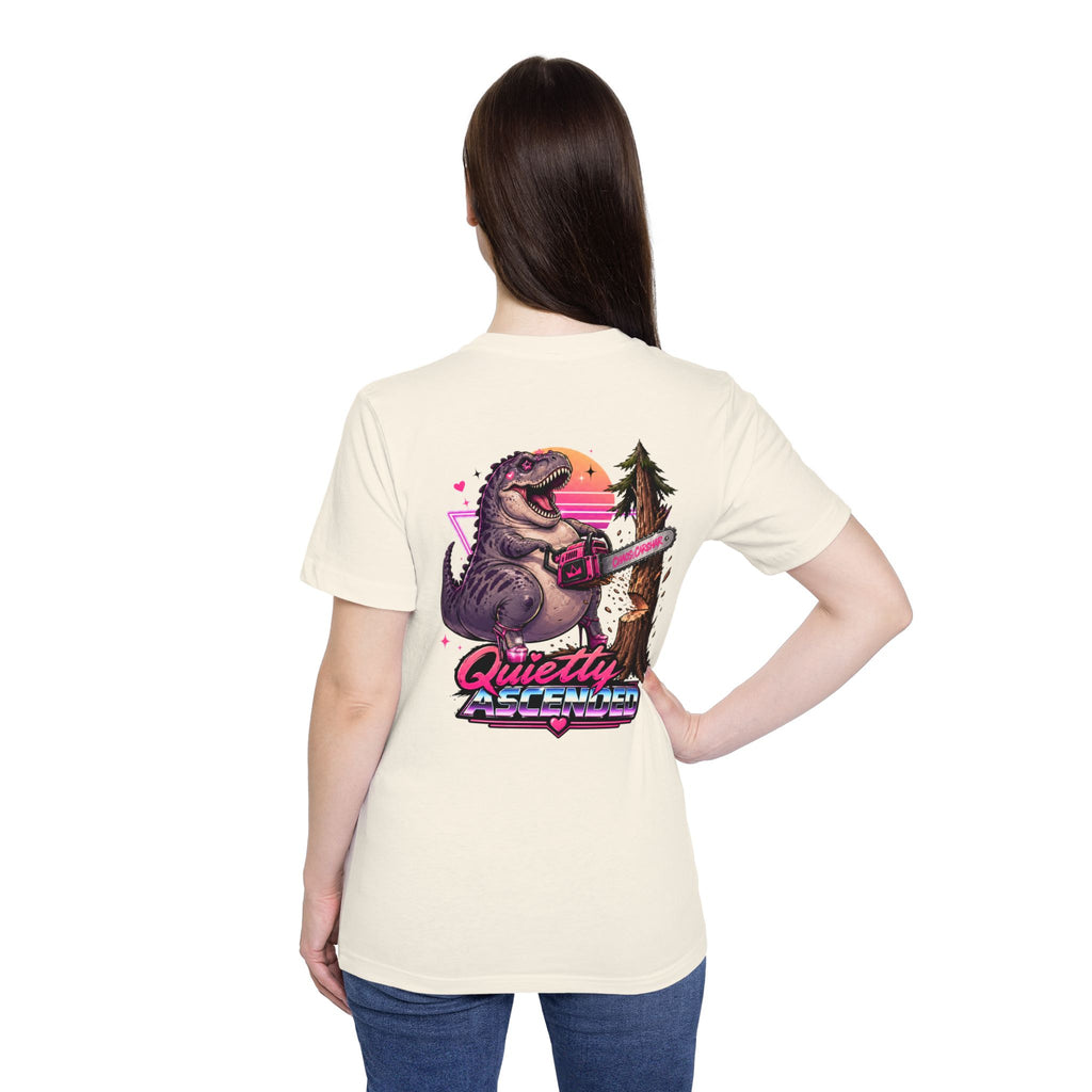 T-Shirt — "Quietly Ascended" Retro Dino Chainsaw Graphic Tee