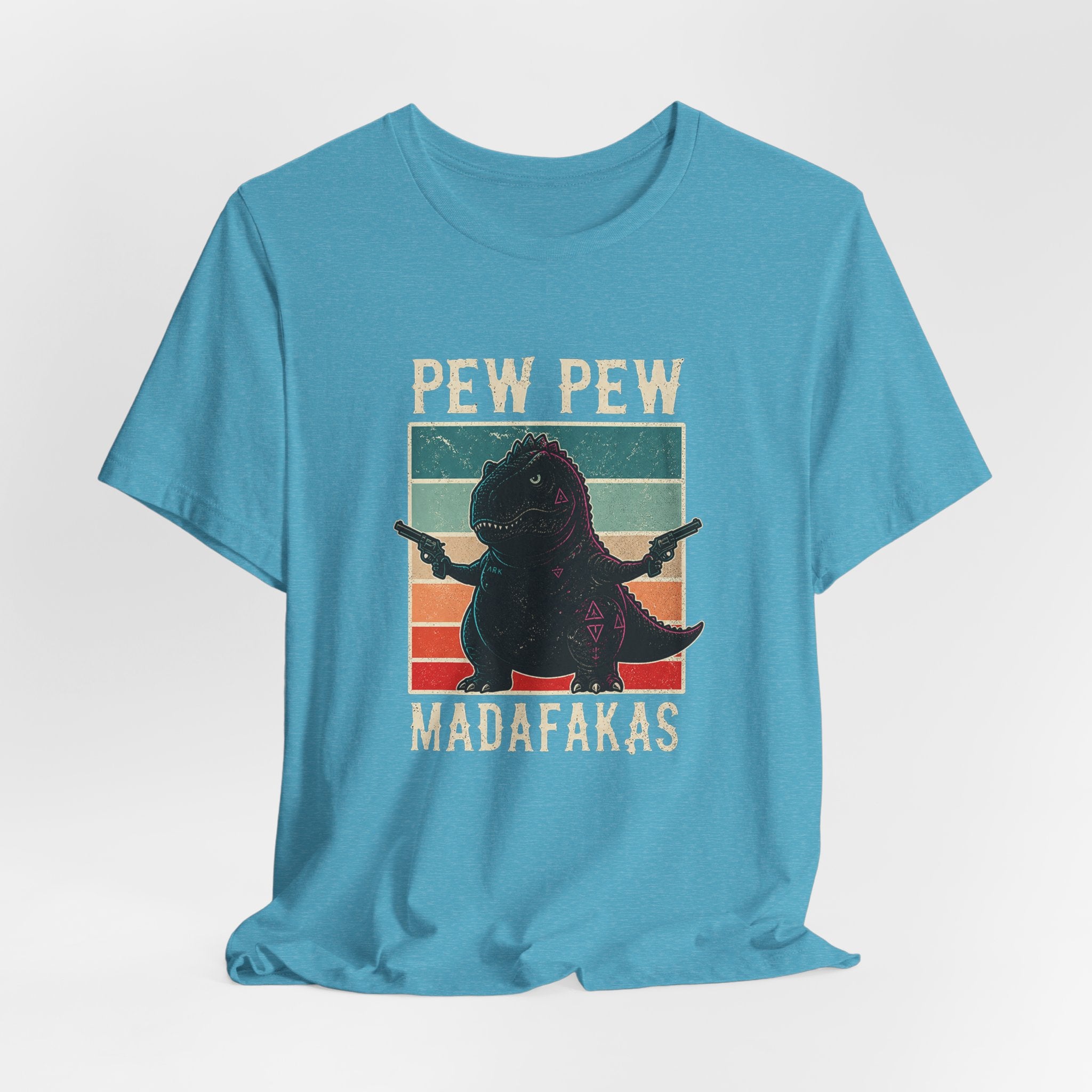 Pew Pew Madafakas T‑Shirt — Retro Dino with Guns Funny Graphic Tee