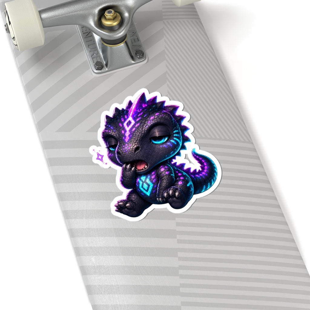 Sleepy T-Rex Sticker — Cozy Neon Chibi Dino Kiss-Cut Vinyl Decal