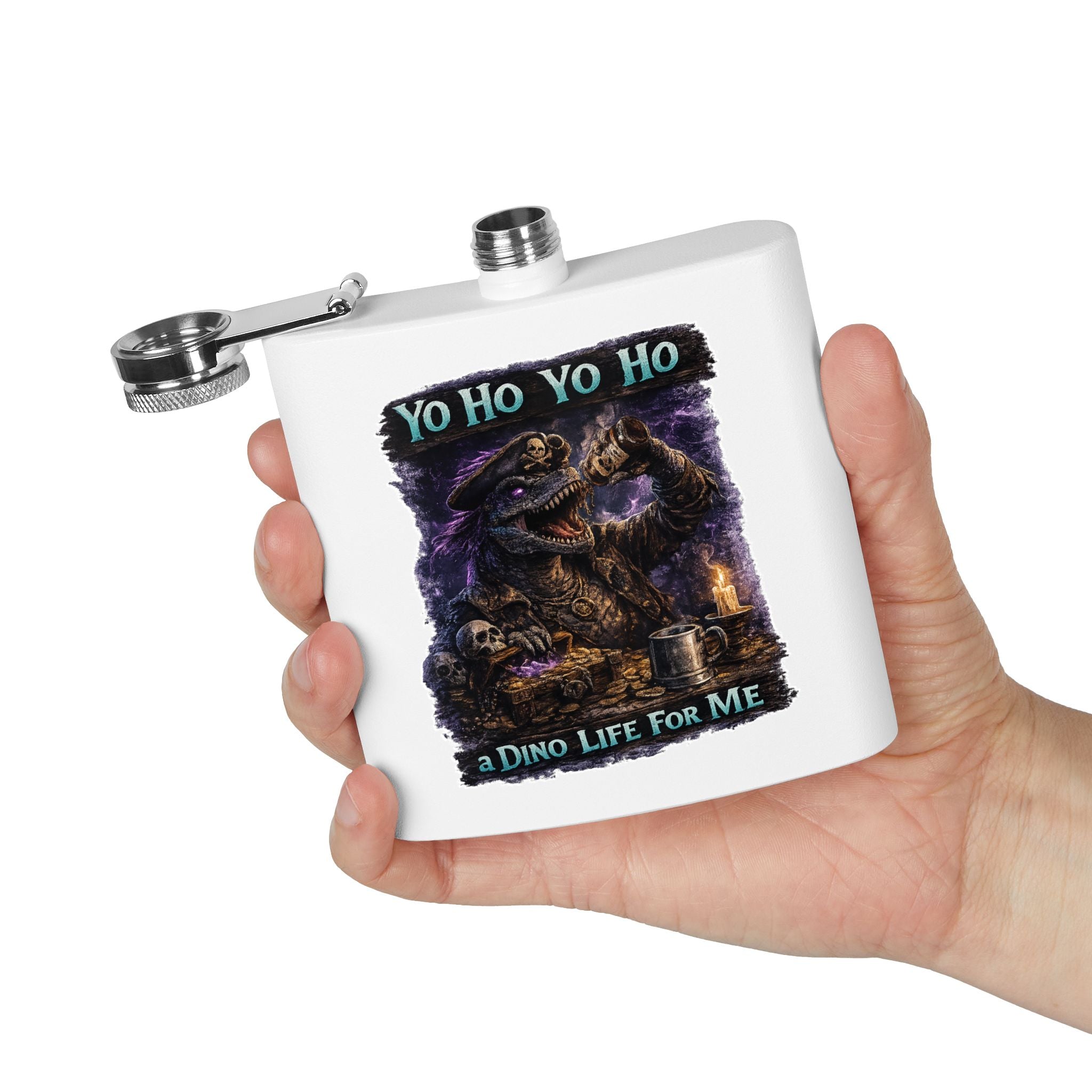 Pirate Dinosaur Flask – "Yo Ho Yo Ho a Dino Life For Me" 6oz Stainless Steel Hip Flask
