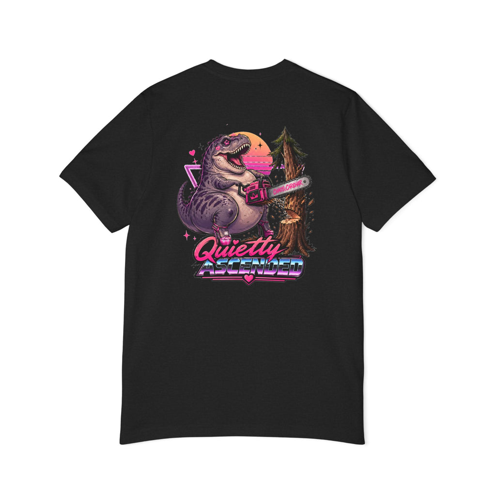 T-Shirt — "Quietly Ascended" Retro Dino Chainsaw Graphic Tee