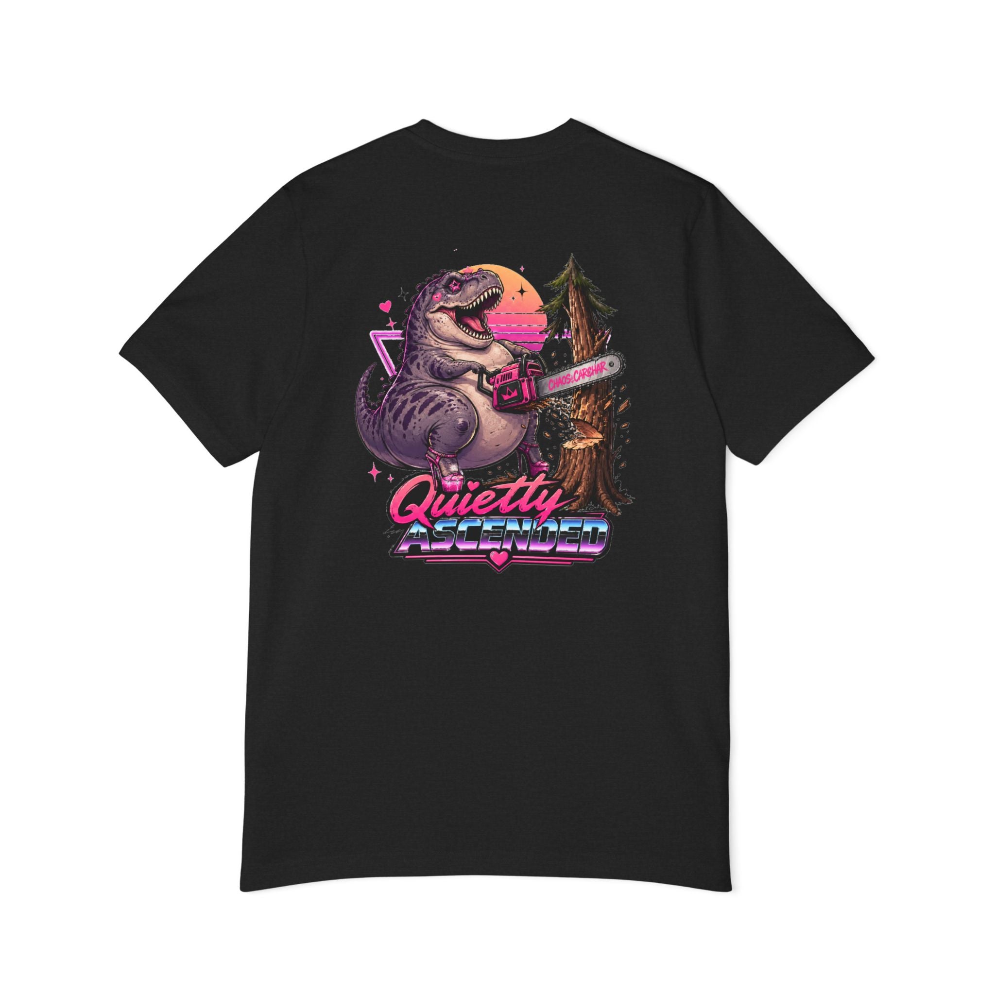 T-Shirt — "Quietly Ascended" Retro Dino Chainsaw Graphic Tee