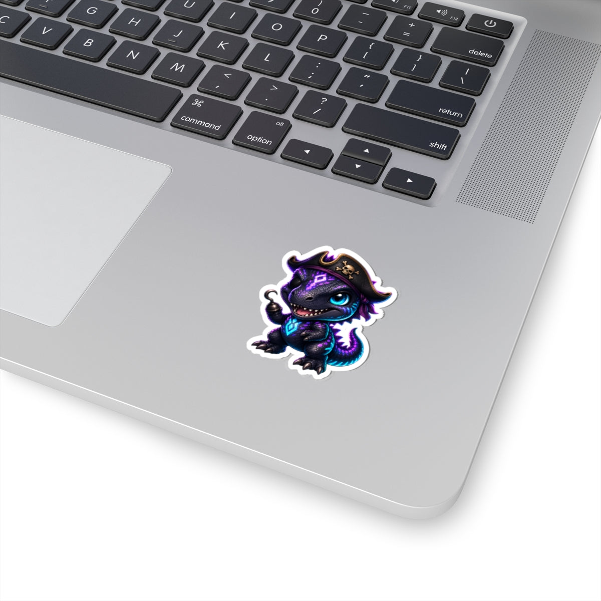 Pirate Dino Vinyl Sticker — Cute Neon T-Rex Pirate Kiss-Cut Decal