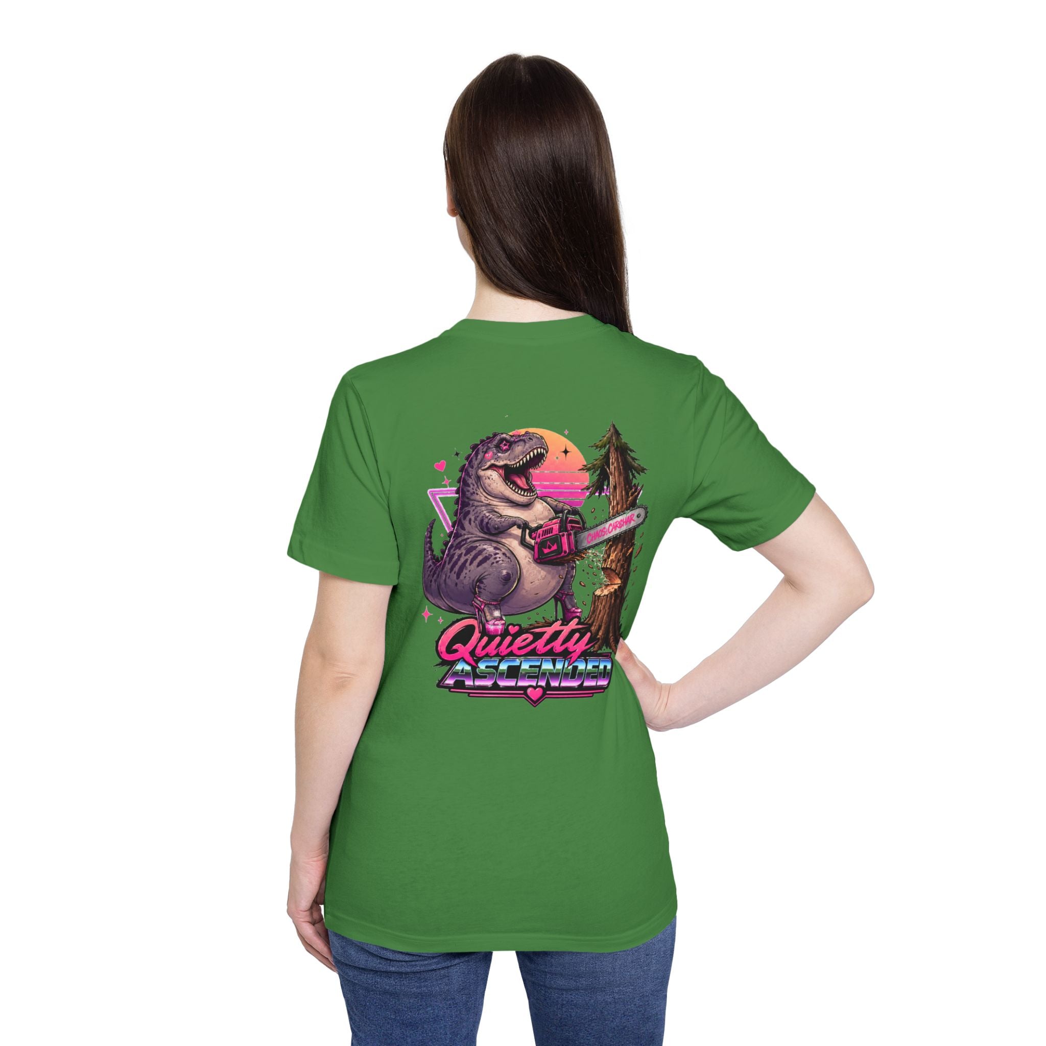 T-Shirt — "Quietly Ascended" Retro Dino Chainsaw Graphic Tee
