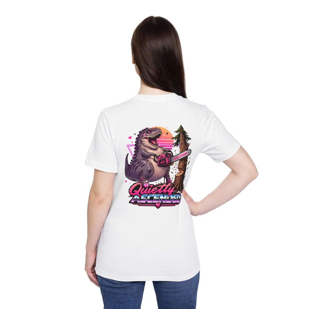 T-Shirt — "Quietly Ascended" Retro Dino Chainsaw Graphic Tee
