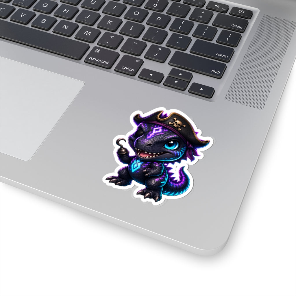 Pirate Dino Vinyl Sticker — Cute Neon T-Rex Pirate Kiss-Cut Decal