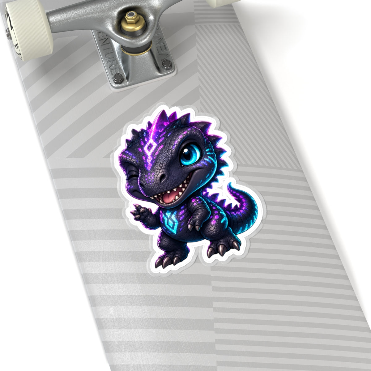Hey Hey Hey T-Rex Sticker — Friendly Neon Chibi Dino Kiss-Cut Vinyl Decal