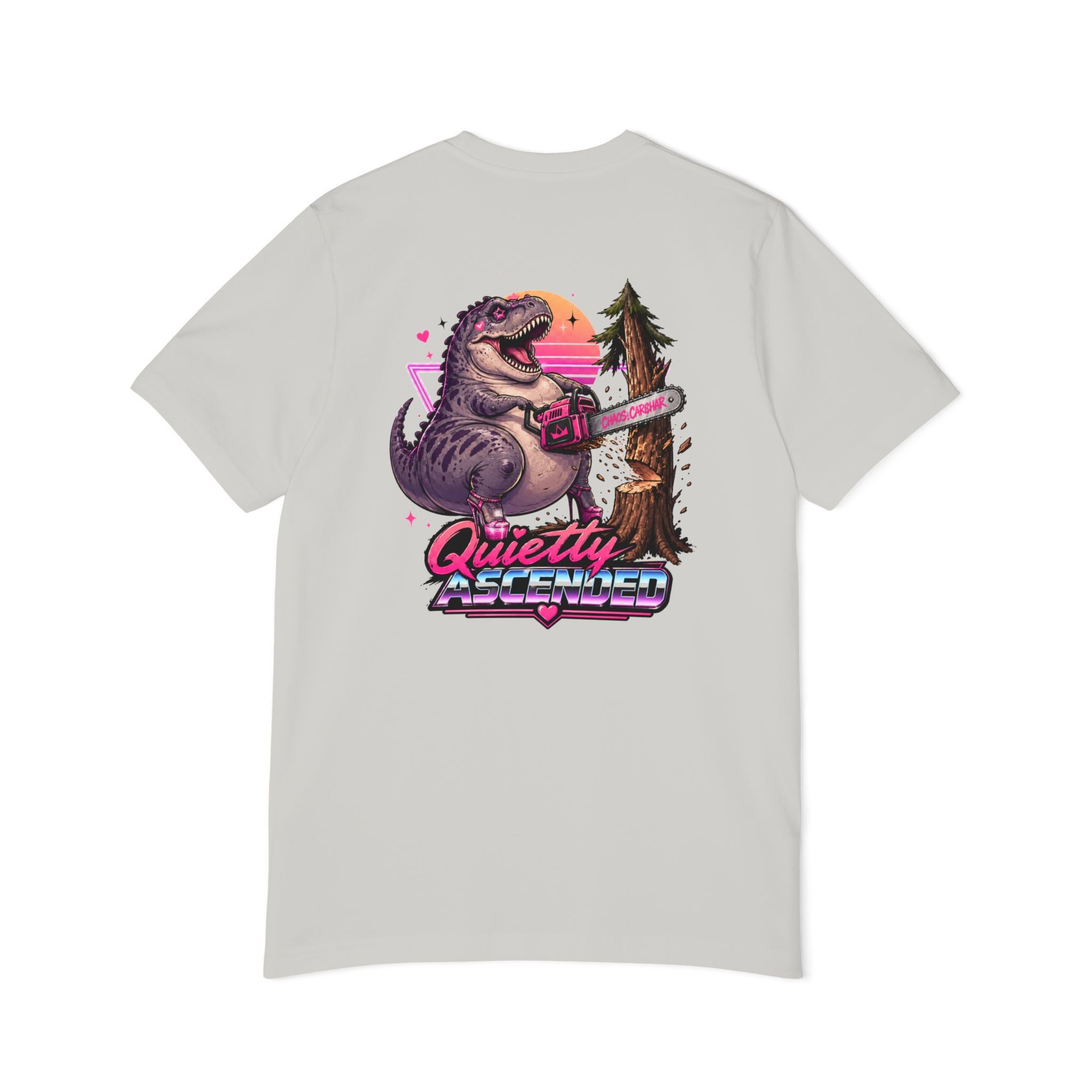 T-Shirt — "Quietly Ascended" Retro Dino Chainsaw Graphic Tee