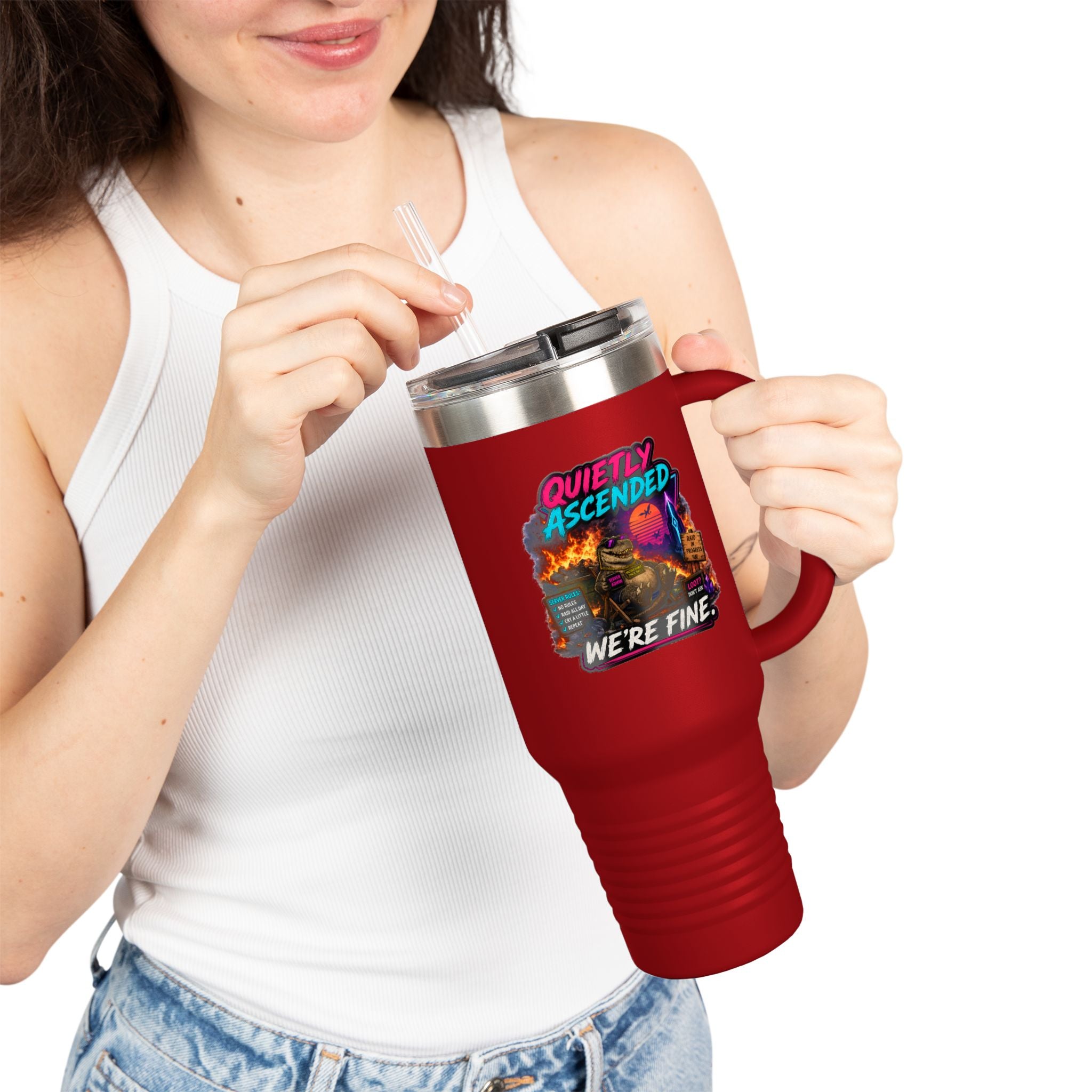 40oz Insulated Travel Mug — “Quietly Ascended, We’re Fine” Retro Gamer Vaporwave Design