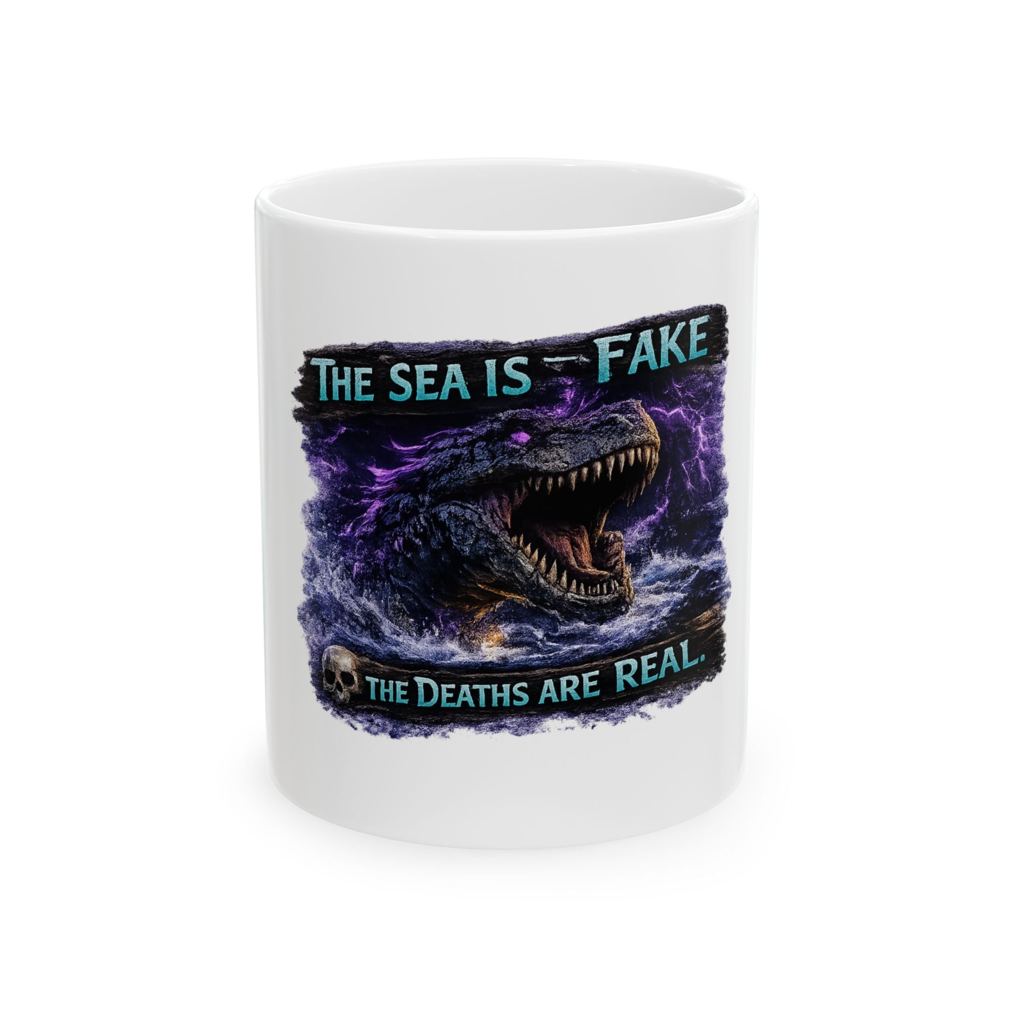 The Sea Is Fake Ceramic Mug — Lightning T-Rex Coffee Cup