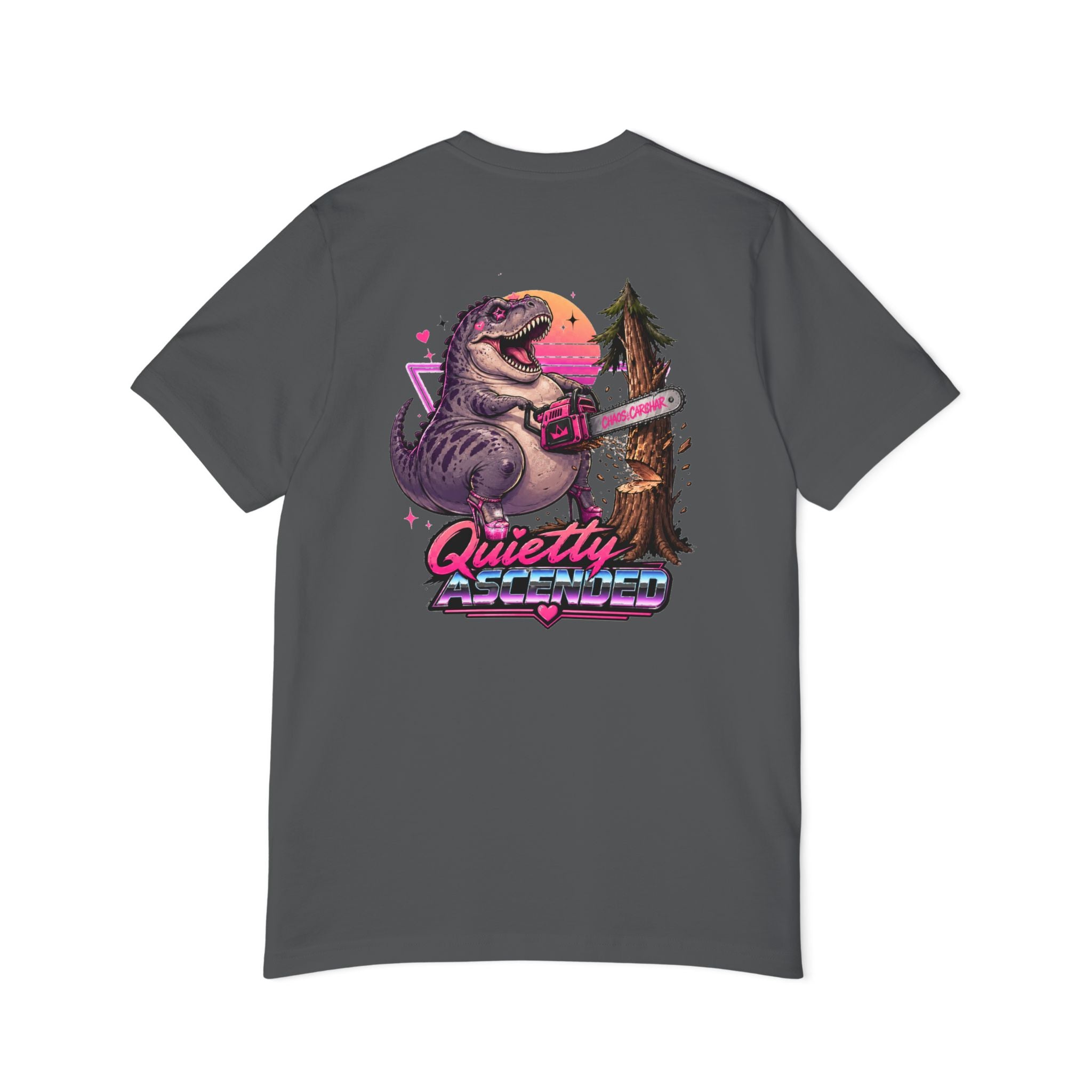 T-Shirt — "Quietly Ascended" Retro Dino Chainsaw Graphic Tee