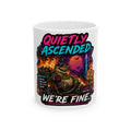 We're Fine Ceramic Mug — Server Admin Chibi T-Rex Dumpster Fire Cup