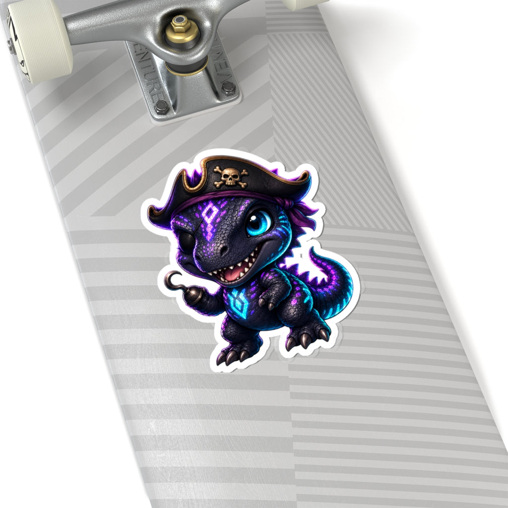 Pirate Dino Vinyl Sticker — Cute Neon T-Rex Pirate Kiss-Cut Decal