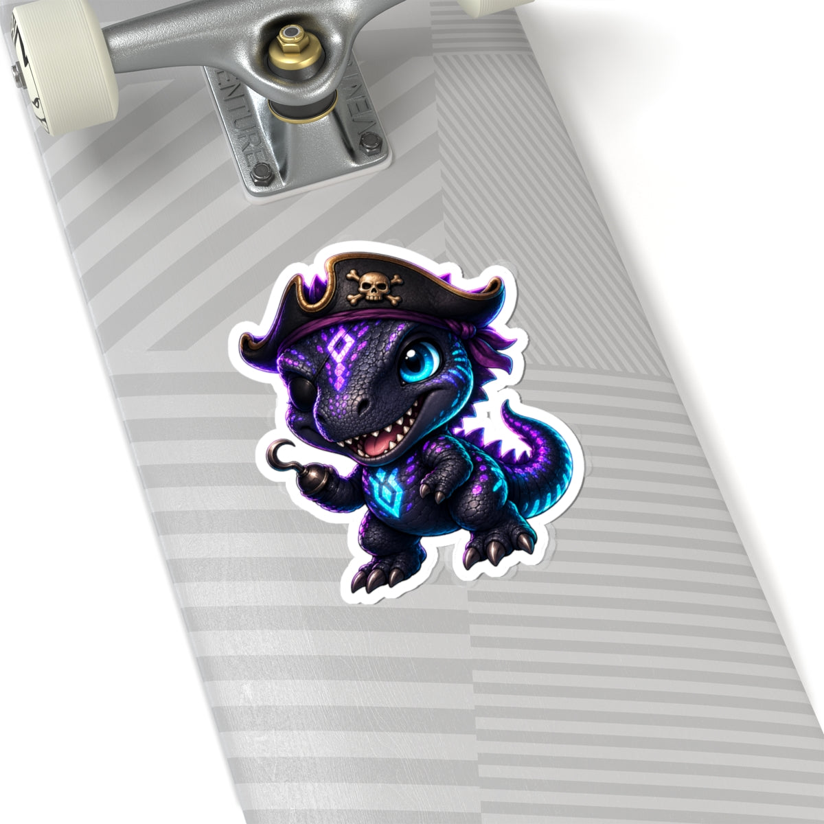 Pirate Dino Vinyl Sticker — Cute Neon T-Rex Pirate Kiss-Cut Decal
