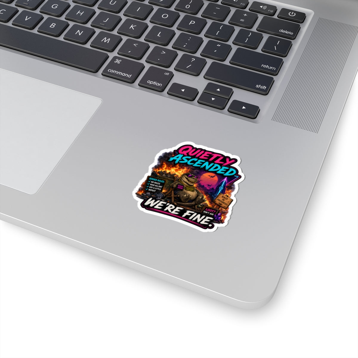 We're Fine Vinyl Sticker — Server Admin Chibi T-Rex Kiss-Cut Decal
