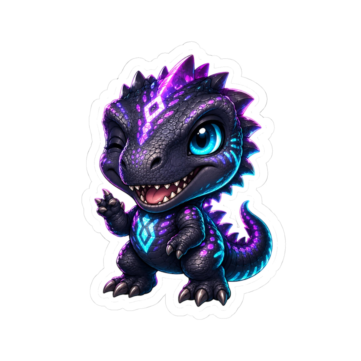 Hey Hey Hey T-Rex Sticker — Friendly Neon Chibi Dino Kiss-Cut Vinyl Decal