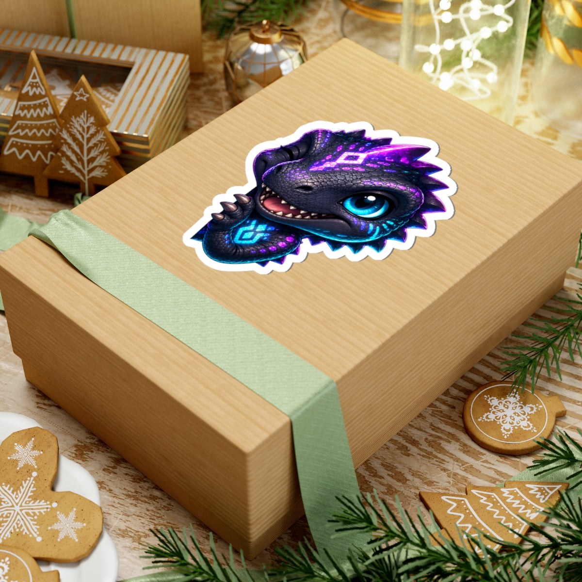 Peekaboo T-Rex Sticker — Sneaky Neon Chibi Dino Kiss-Cut Vinyl Decal