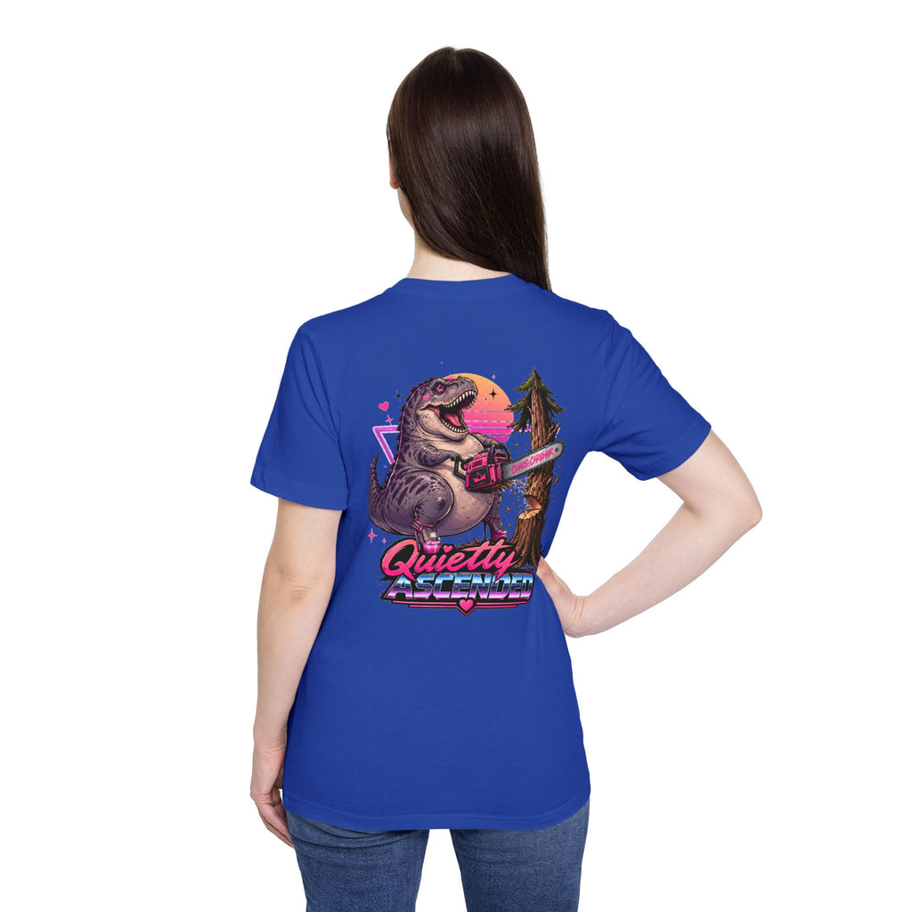 T-Shirt — "Quietly Ascended" Retro Dino Chainsaw Graphic Tee
