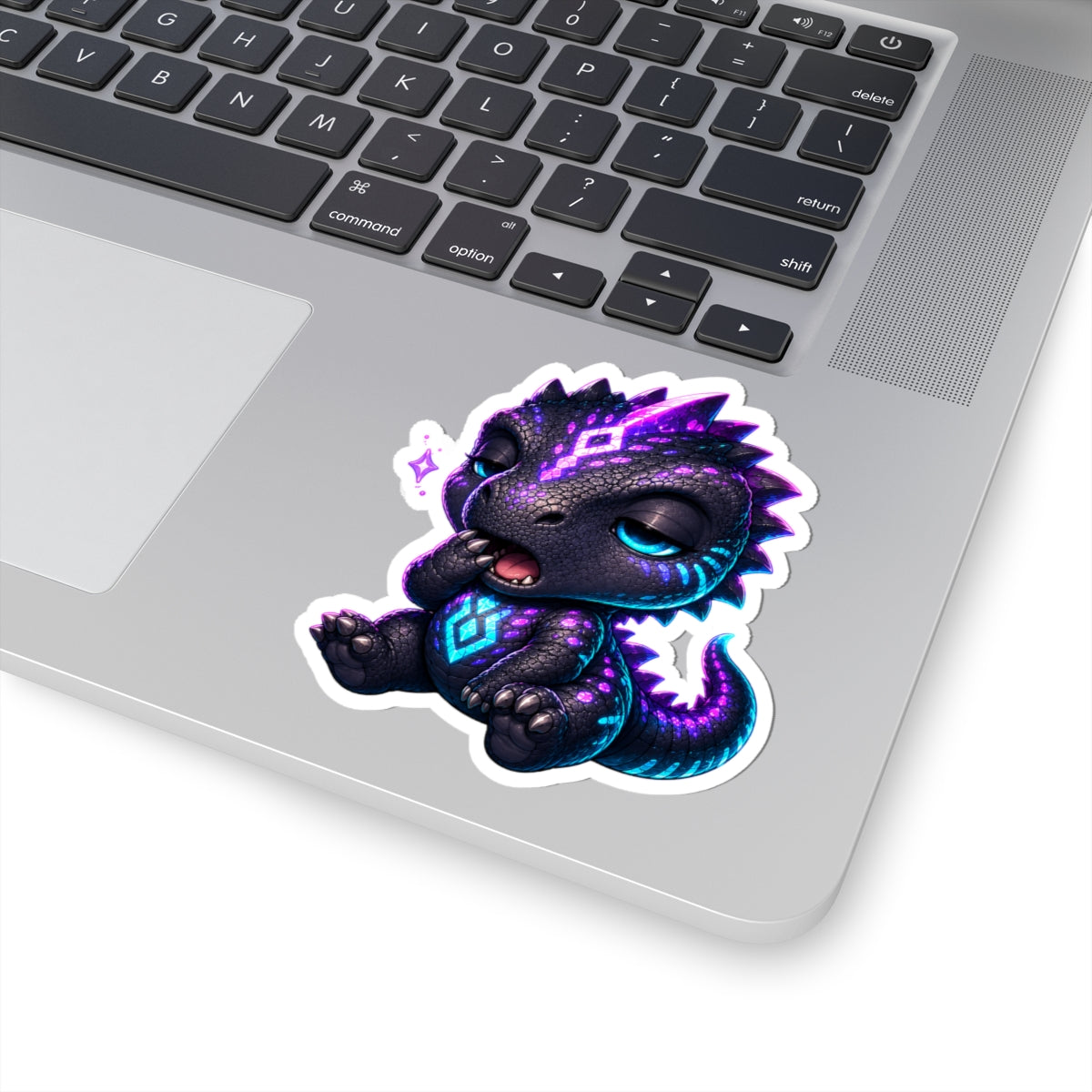 Sleepy T-Rex Sticker — Cozy Neon Chibi Dino Kiss-Cut Vinyl Decal
