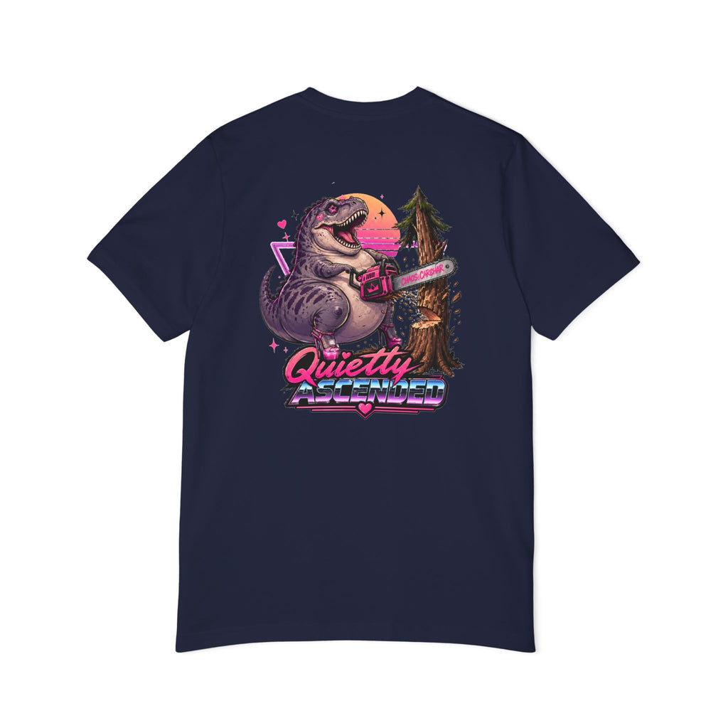 T-Shirt — "Quietly Ascended" Retro Dino Chainsaw Graphic Tee