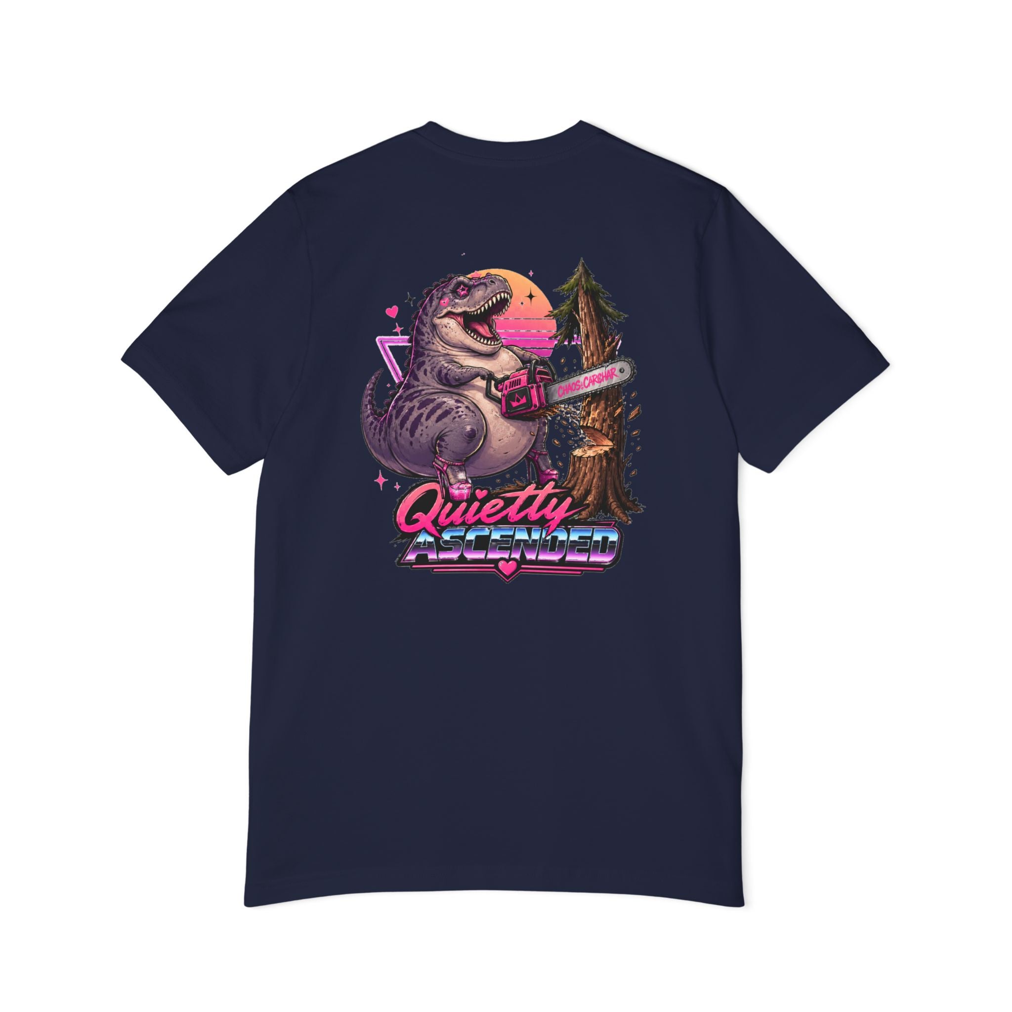 T-Shirt — "Quietly Ascended" Retro Dino Chainsaw Graphic Tee