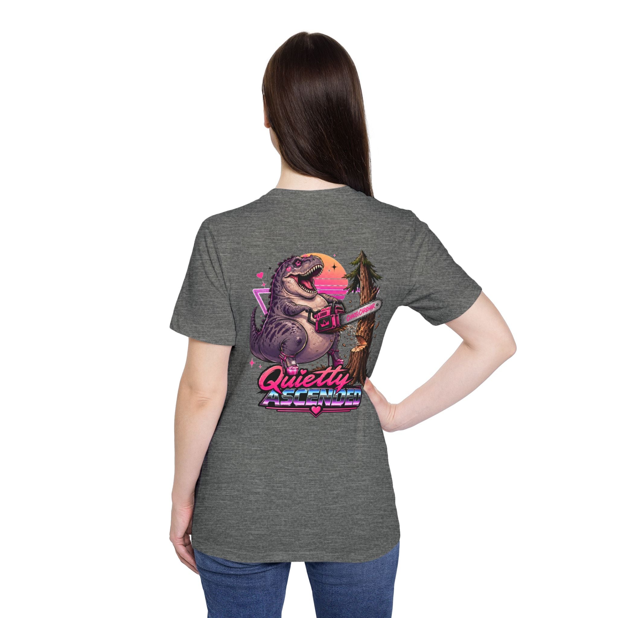T-Shirt — "Quietly Ascended" Retro Dino Chainsaw Graphic Tee