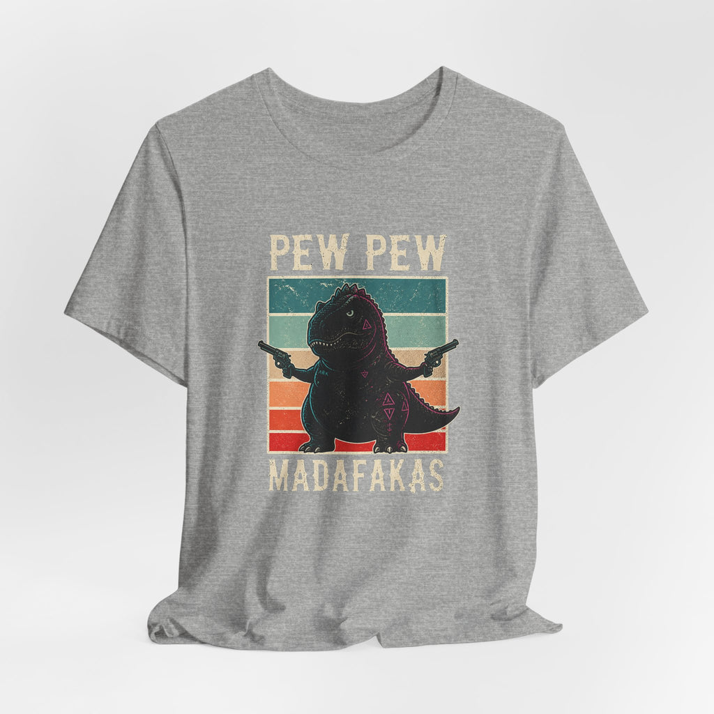 Pew Pew Madafakas T‑Shirt — Retro Dino with Guns Funny Graphic Tee