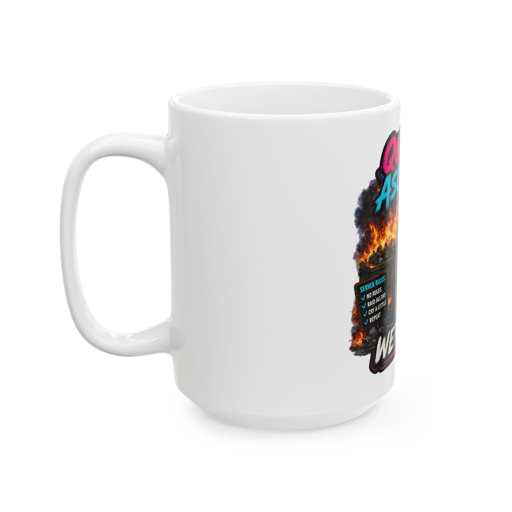 We're Fine Ceramic Mug — Server Admin Chibi T-Rex Dumpster Fire Cup