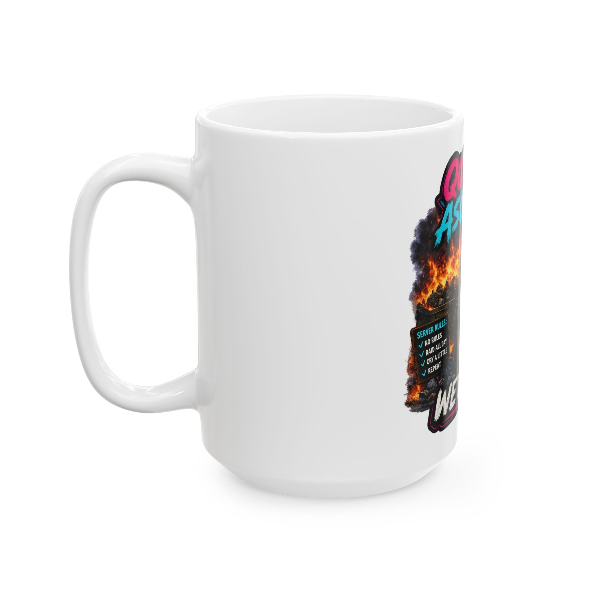 We're Fine Ceramic Mug — Server Admin Chibi T-Rex Dumpster Fire Cup