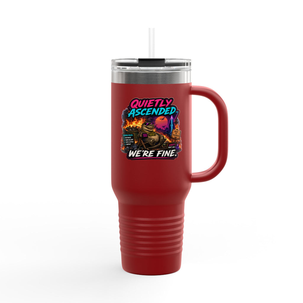 40oz Insulated Travel Mug — “Quietly Ascended, We’re Fine” Retro Gamer Vaporwave Design