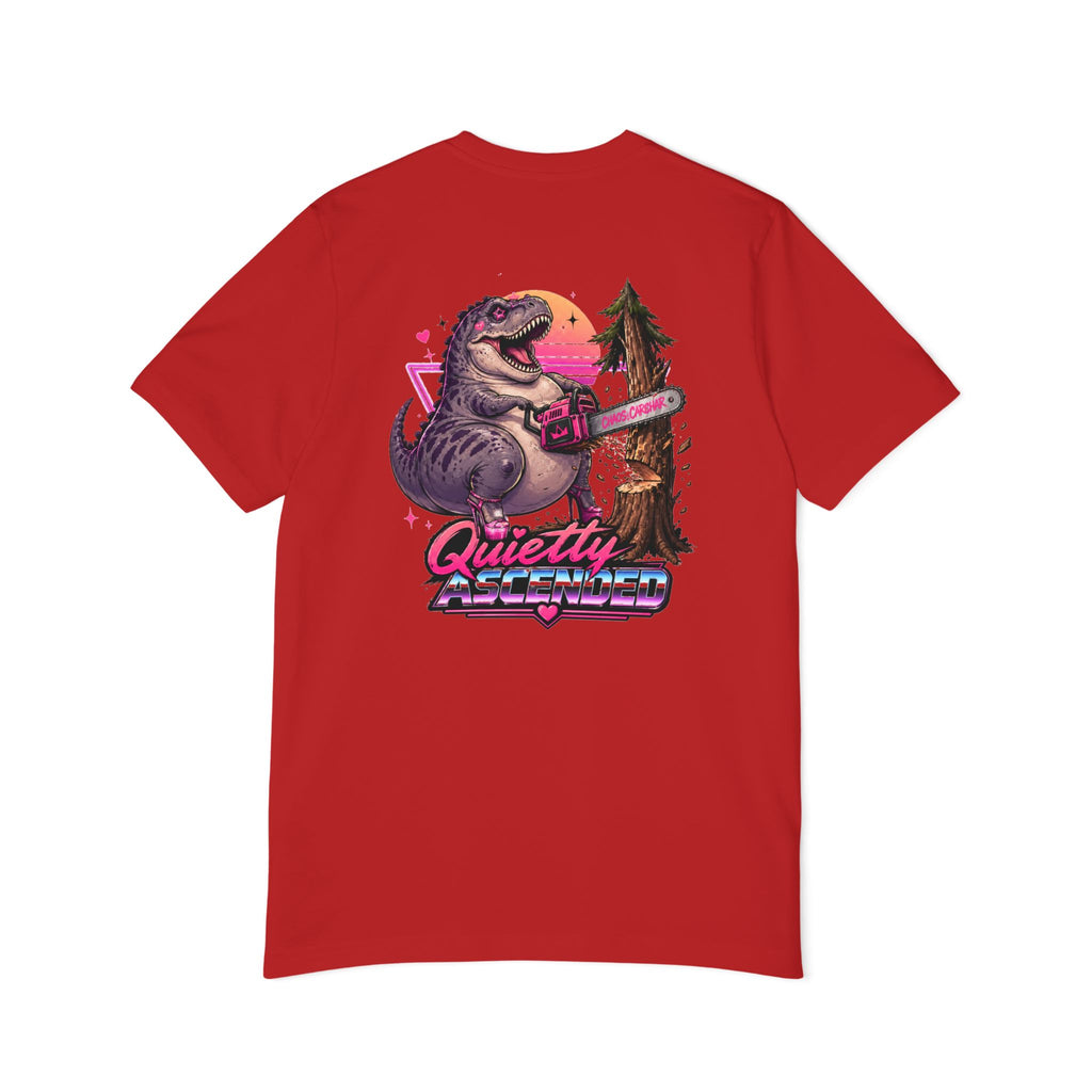 T-Shirt — "Quietly Ascended" Retro Dino Chainsaw Graphic Tee