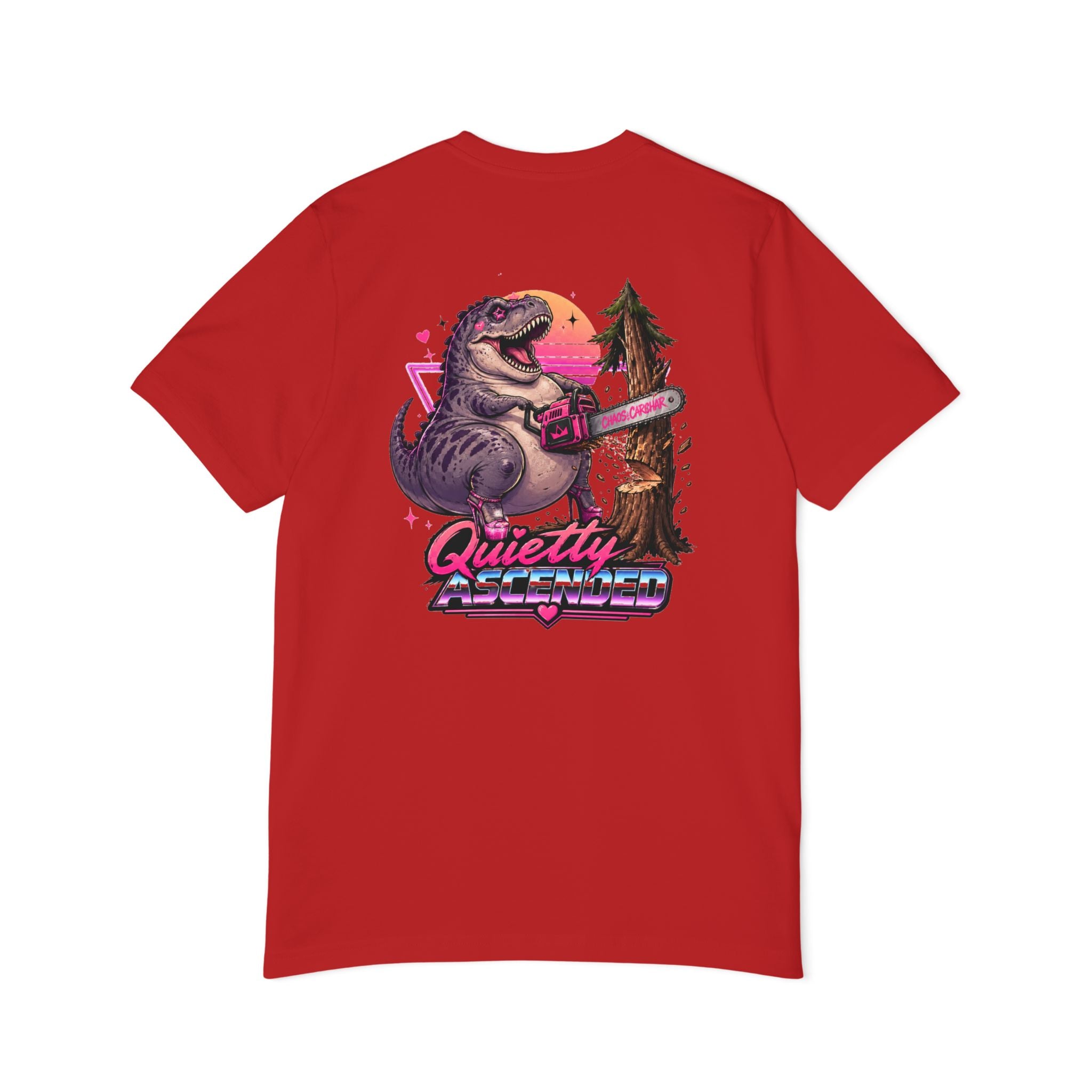 T-Shirt — "Quietly Ascended" Retro Dino Chainsaw Graphic Tee