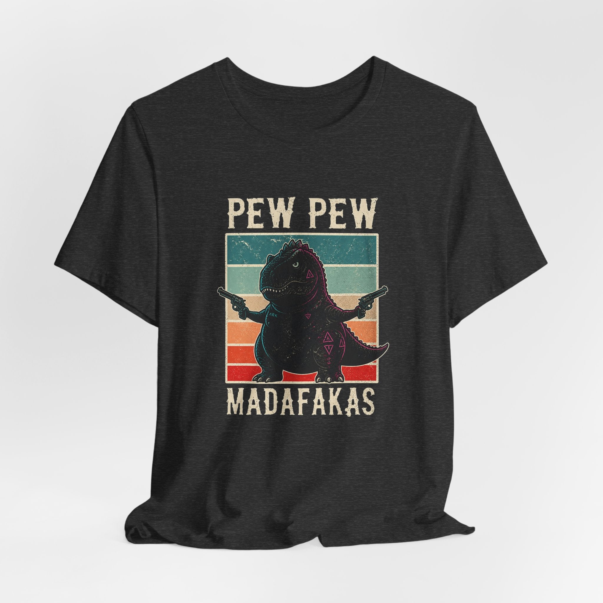 Pew Pew Madafakas T‑Shirt — Retro Dino with Guns Funny Graphic Tee