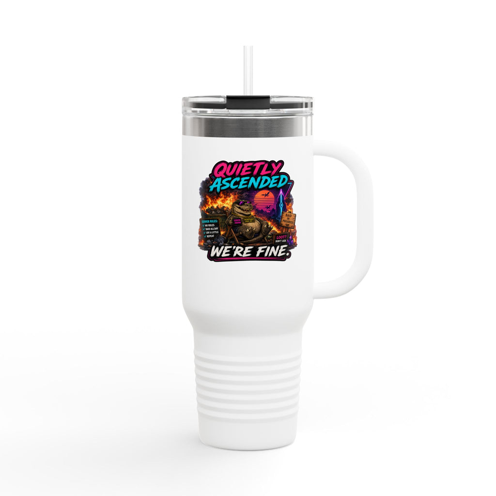 40oz Insulated Travel Mug — “Quietly Ascended, We’re Fine” Retro Gamer Vaporwave Design