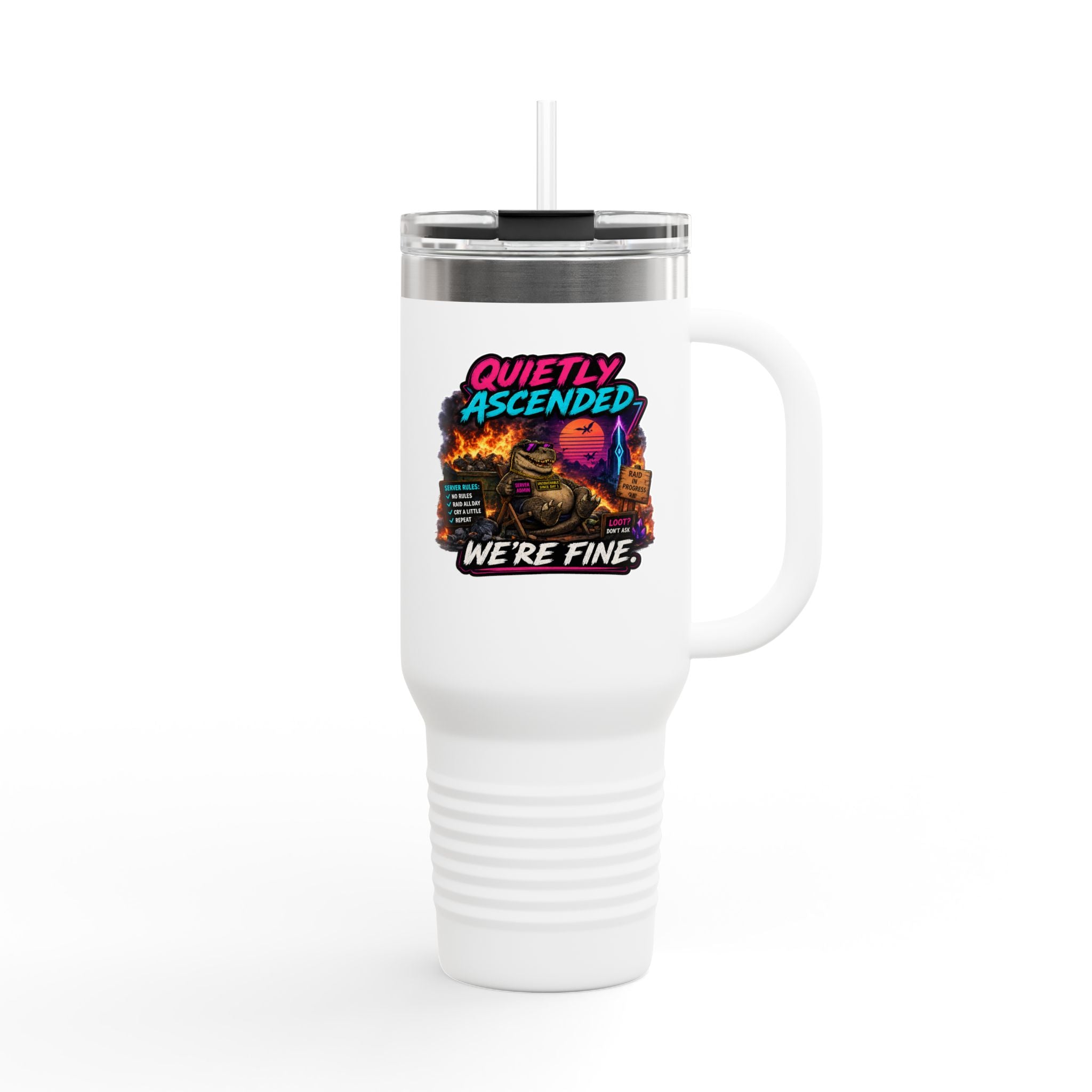 40oz Insulated Travel Mug — “Quietly Ascended, We’re Fine” Retro Gamer Vaporwave Design