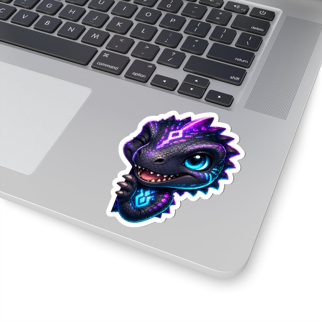 Peekaboo T-Rex Sticker — Sneaky Neon Chibi Dino Kiss-Cut Vinyl Decal