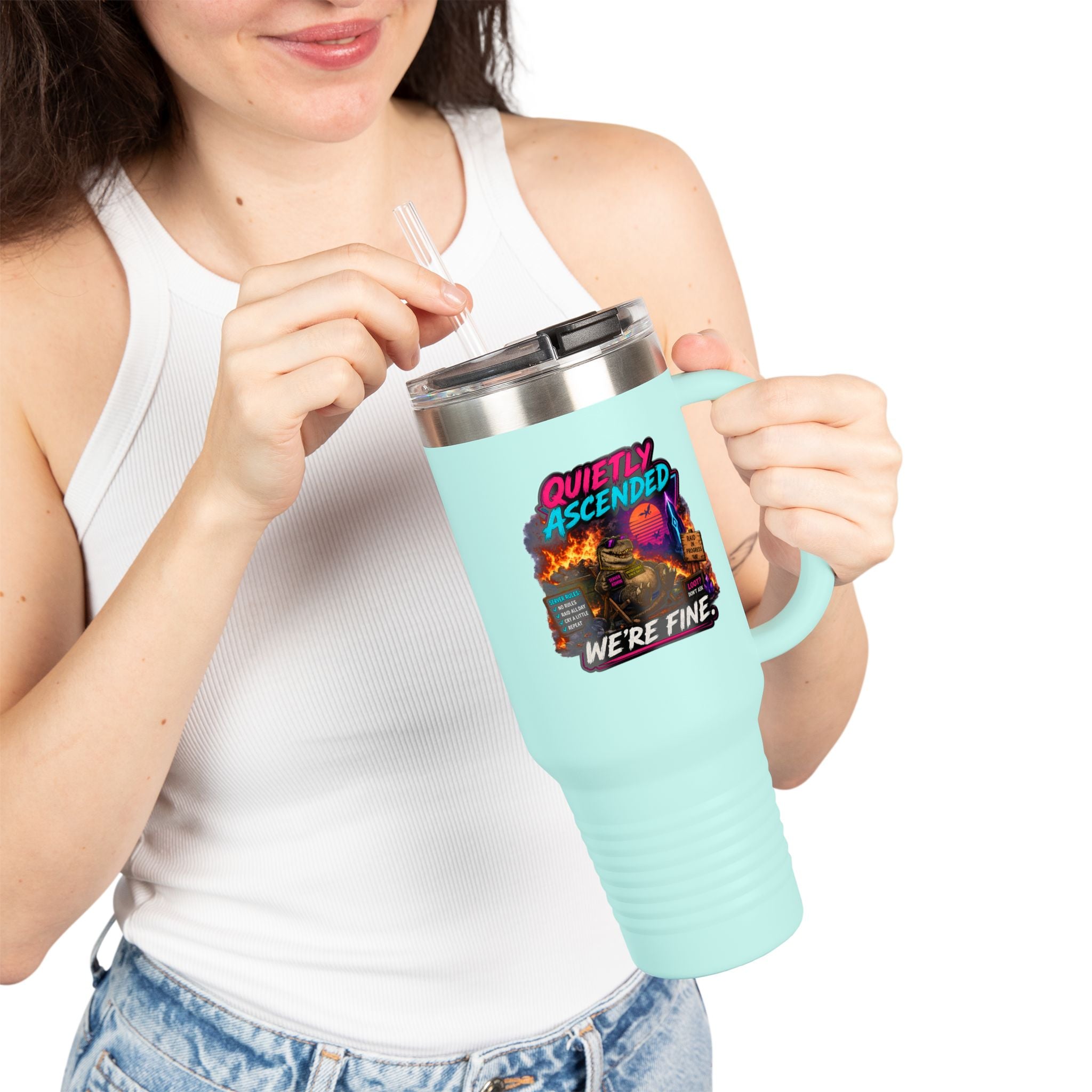 40oz Insulated Travel Mug — “Quietly Ascended, We’re Fine” Retro Gamer Vaporwave Design
