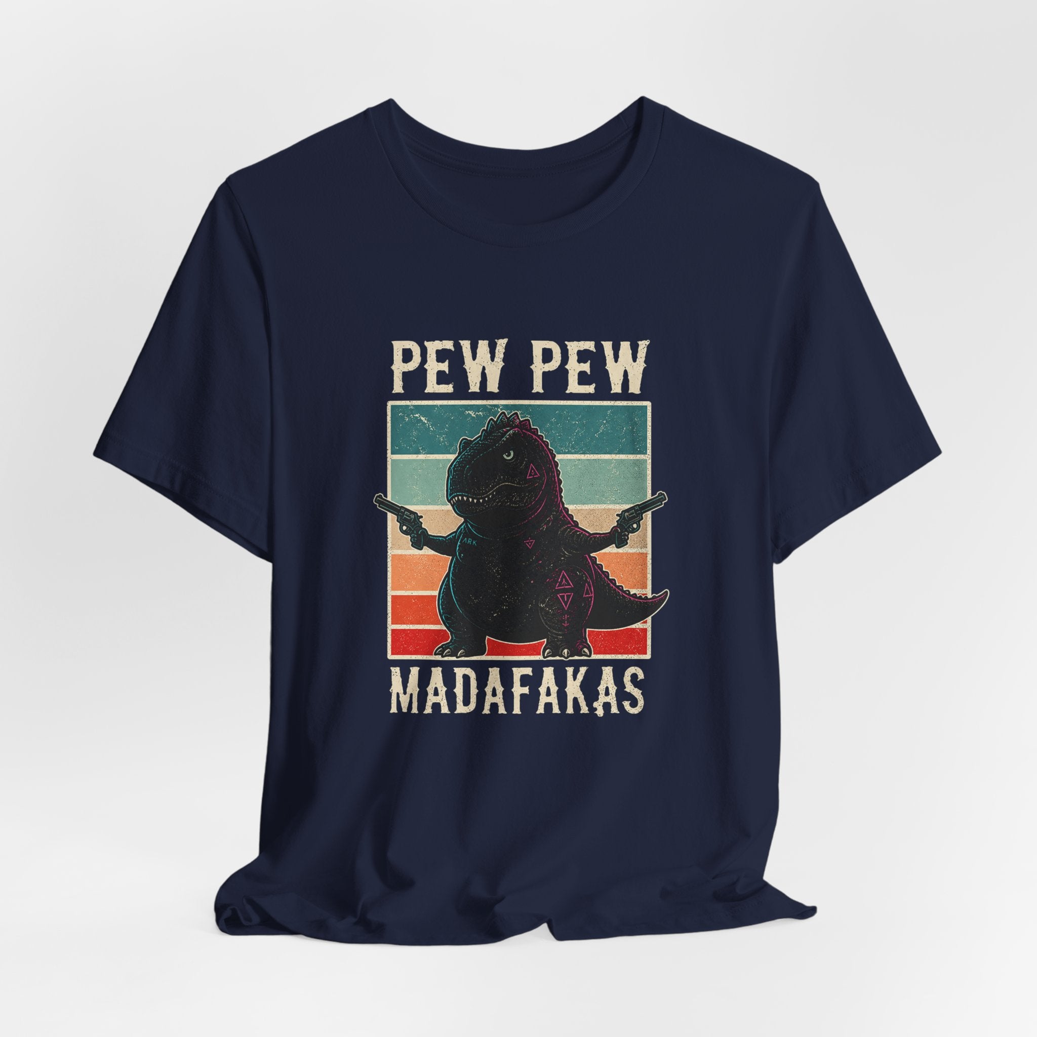 Pew Pew Madafakas T‑Shirt — Retro Dino with Guns Funny Graphic Tee