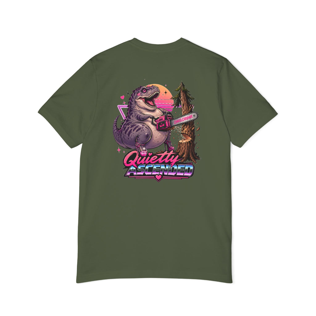 T-Shirt — "Quietly Ascended" Retro Dino Chainsaw Graphic Tee