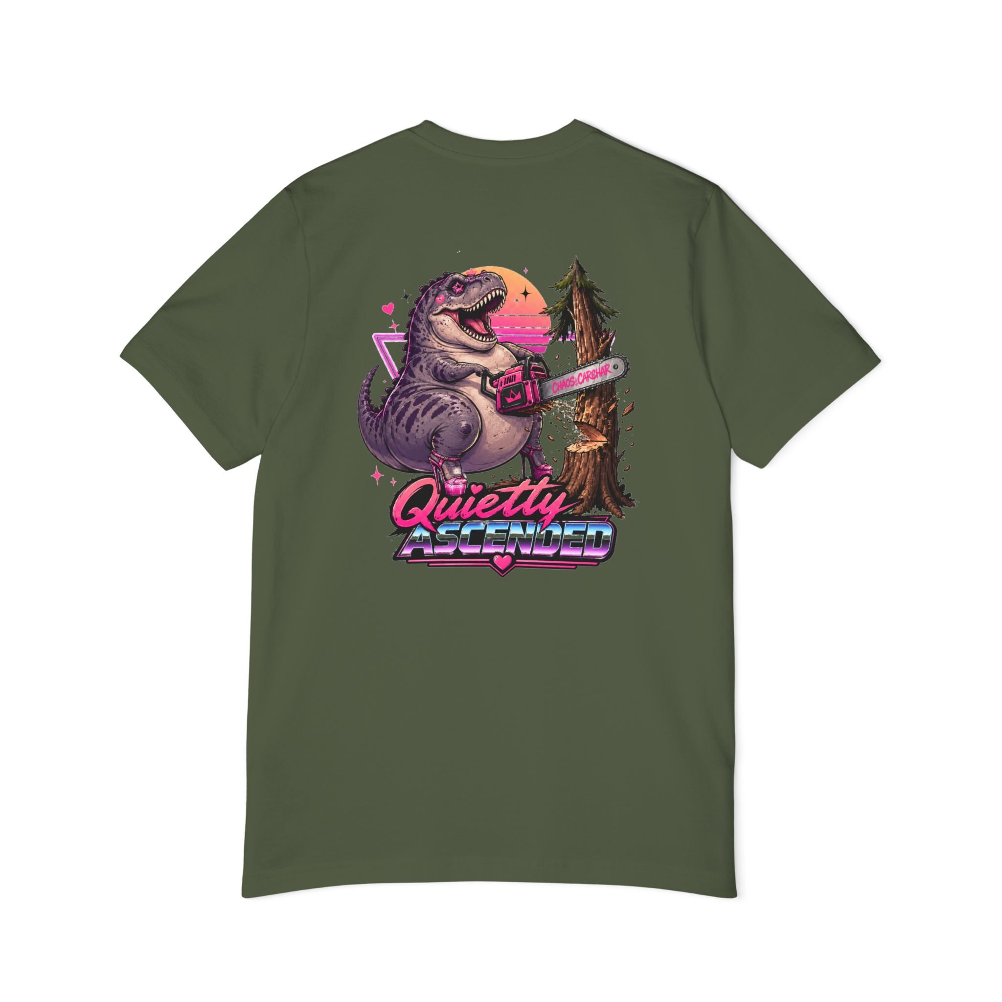 T-Shirt — "Quietly Ascended" Retro Dino Chainsaw Graphic Tee