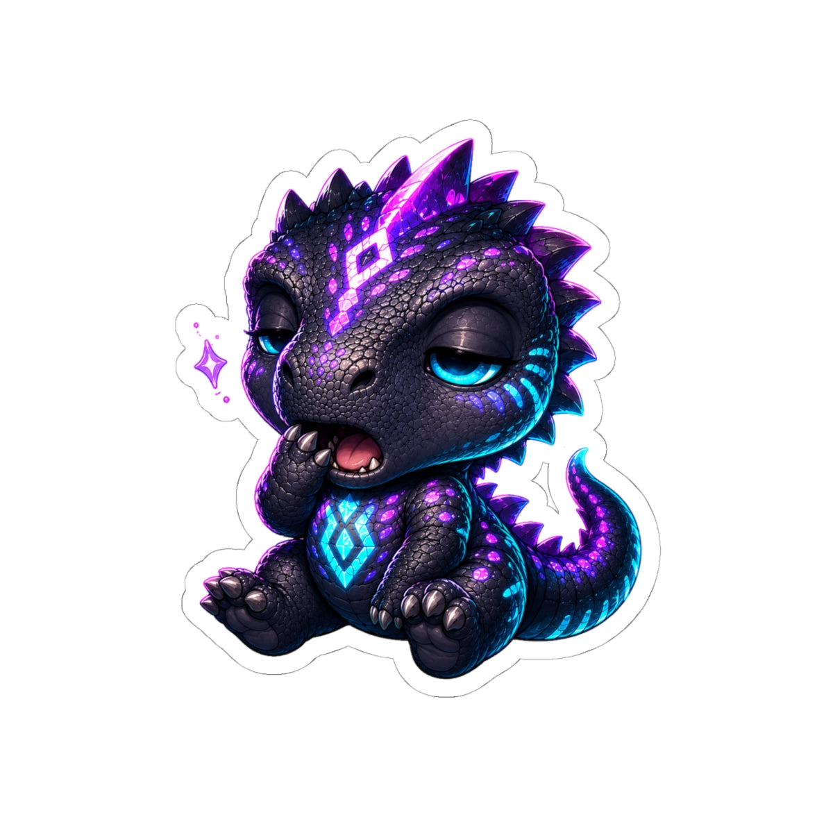 Sleepy T-Rex Sticker — Cozy Neon Chibi Dino Kiss-Cut Vinyl Decal