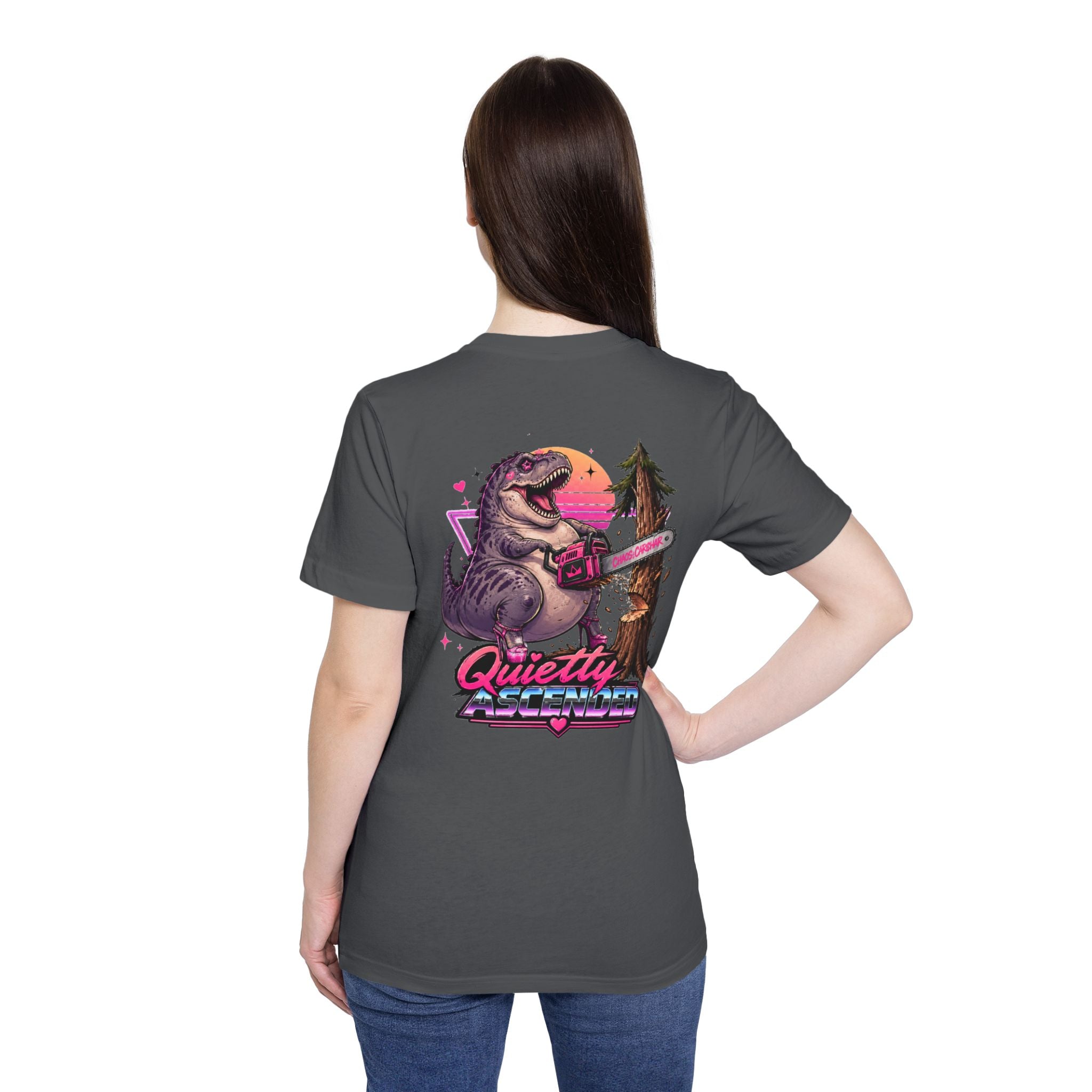T-Shirt — "Quietly Ascended" Retro Dino Chainsaw Graphic Tee