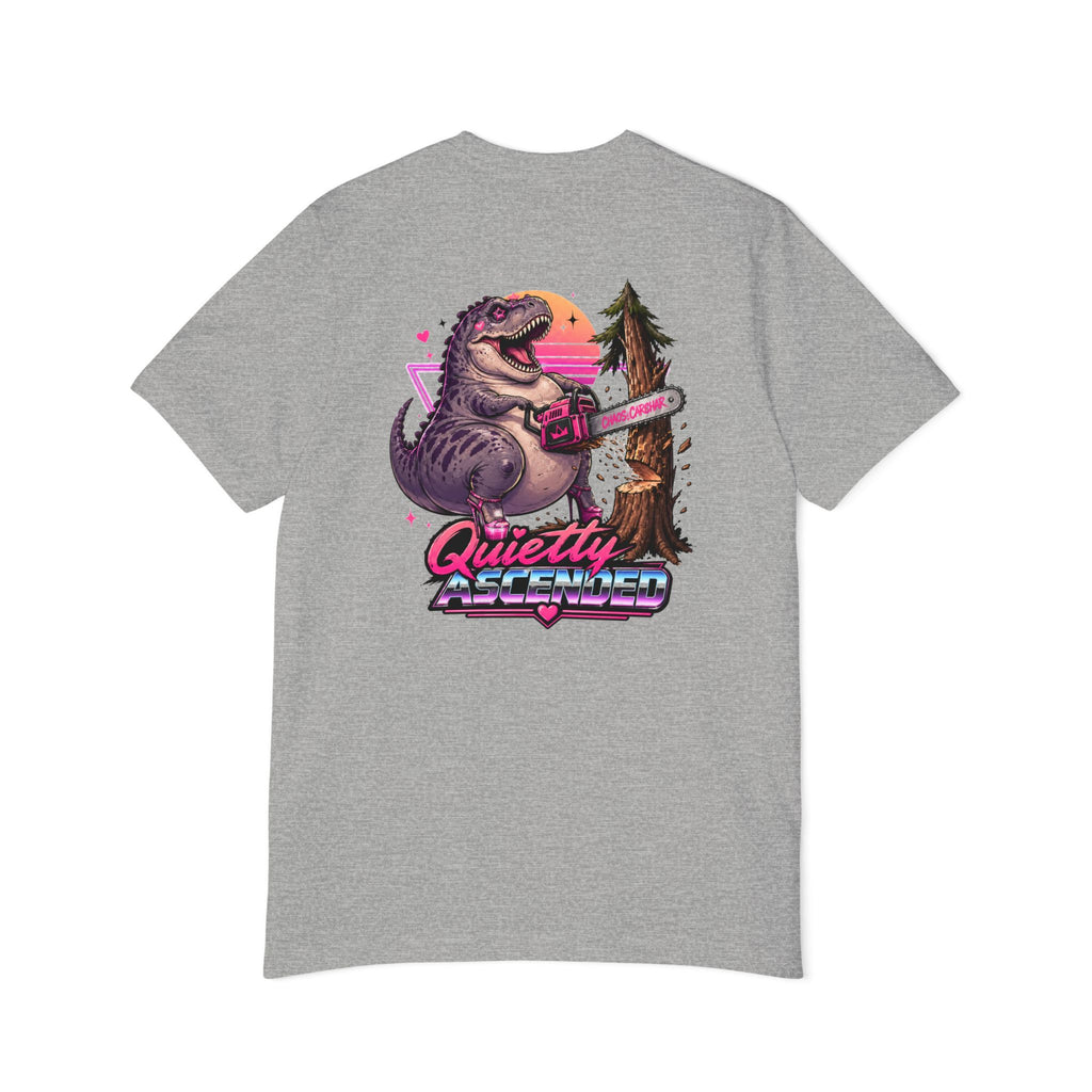 T-Shirt — "Quietly Ascended" Retro Dino Chainsaw Graphic Tee