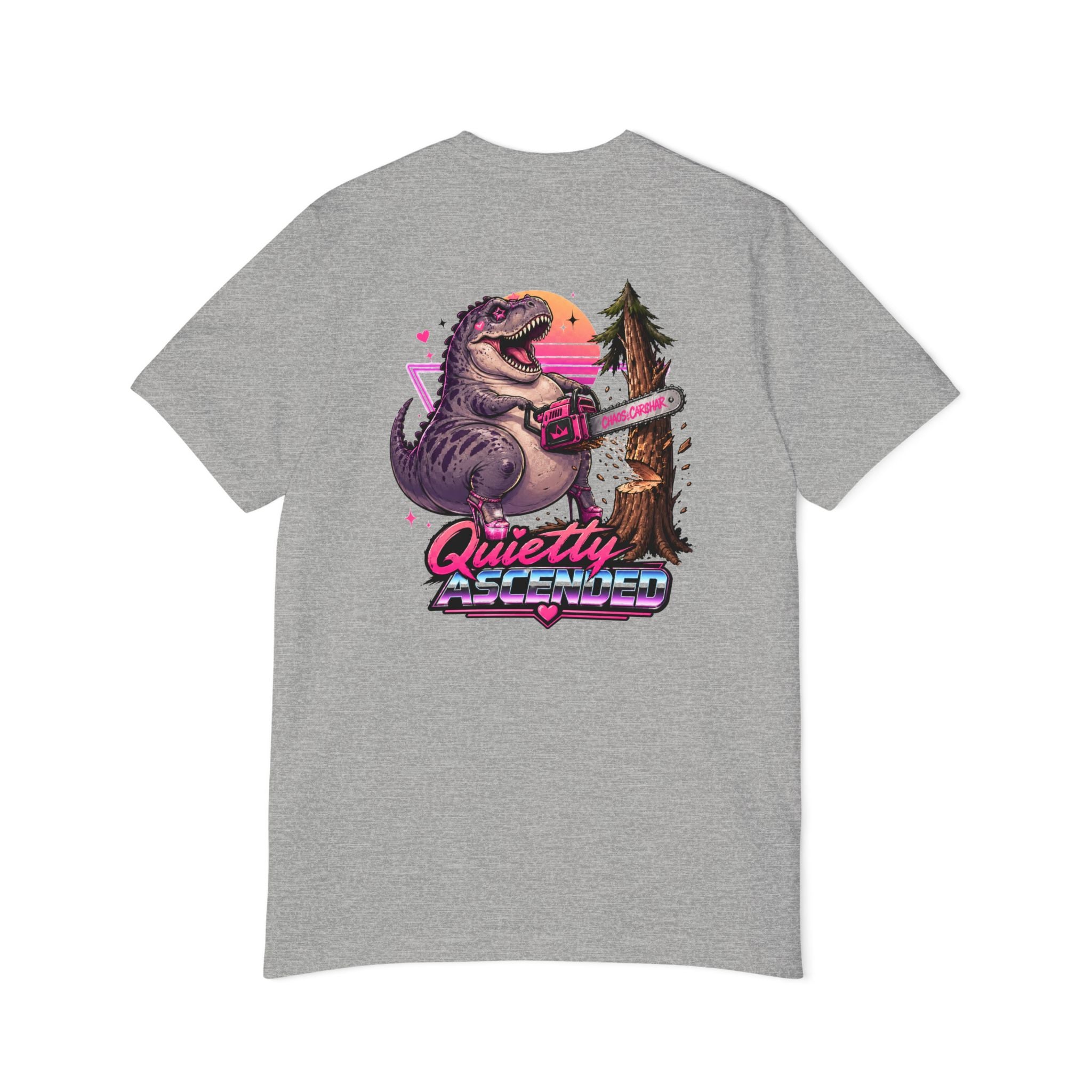 T-Shirt — "Quietly Ascended" Retro Dino Chainsaw Graphic Tee