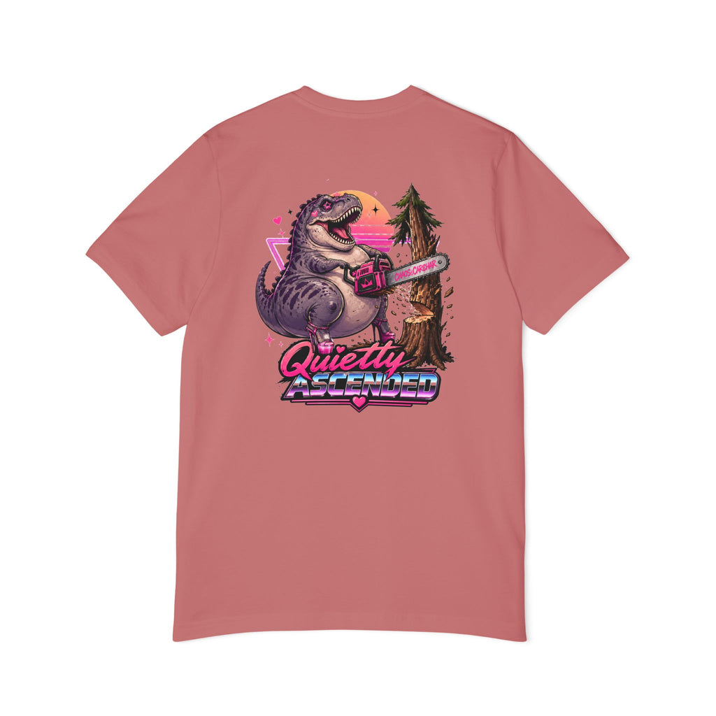 T-Shirt — "Quietly Ascended" Retro Dino Chainsaw Graphic Tee