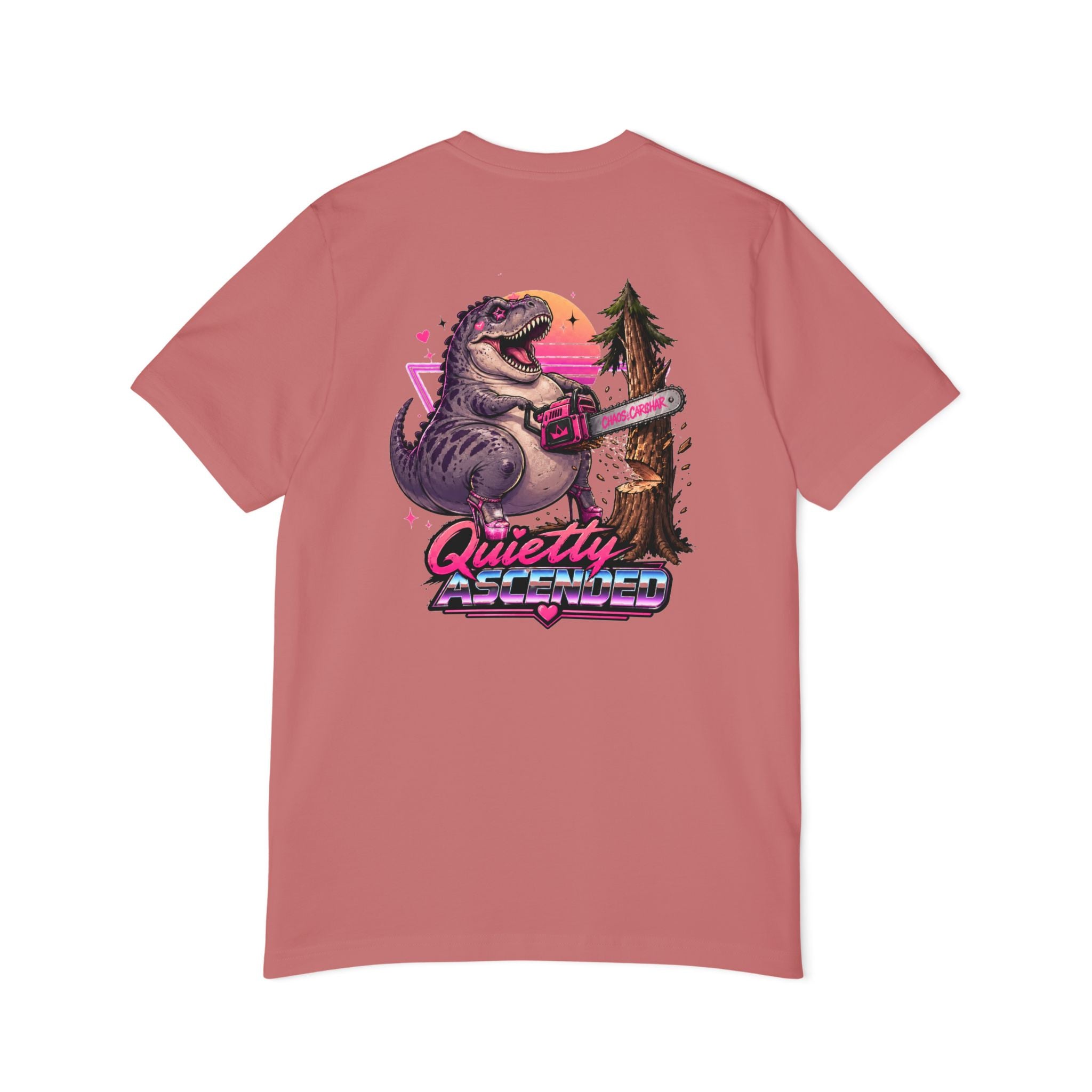T-Shirt — "Quietly Ascended" Retro Dino Chainsaw Graphic Tee