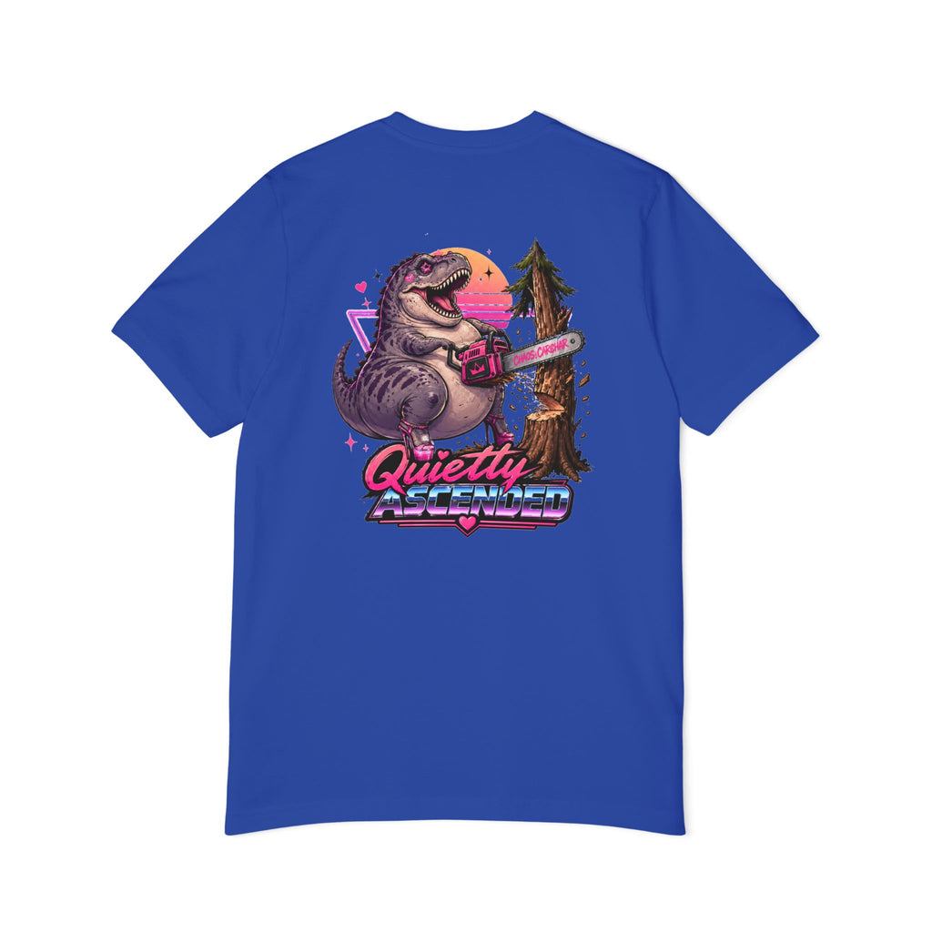 T-Shirt — "Quietly Ascended" Retro Dino Chainsaw Graphic Tee
