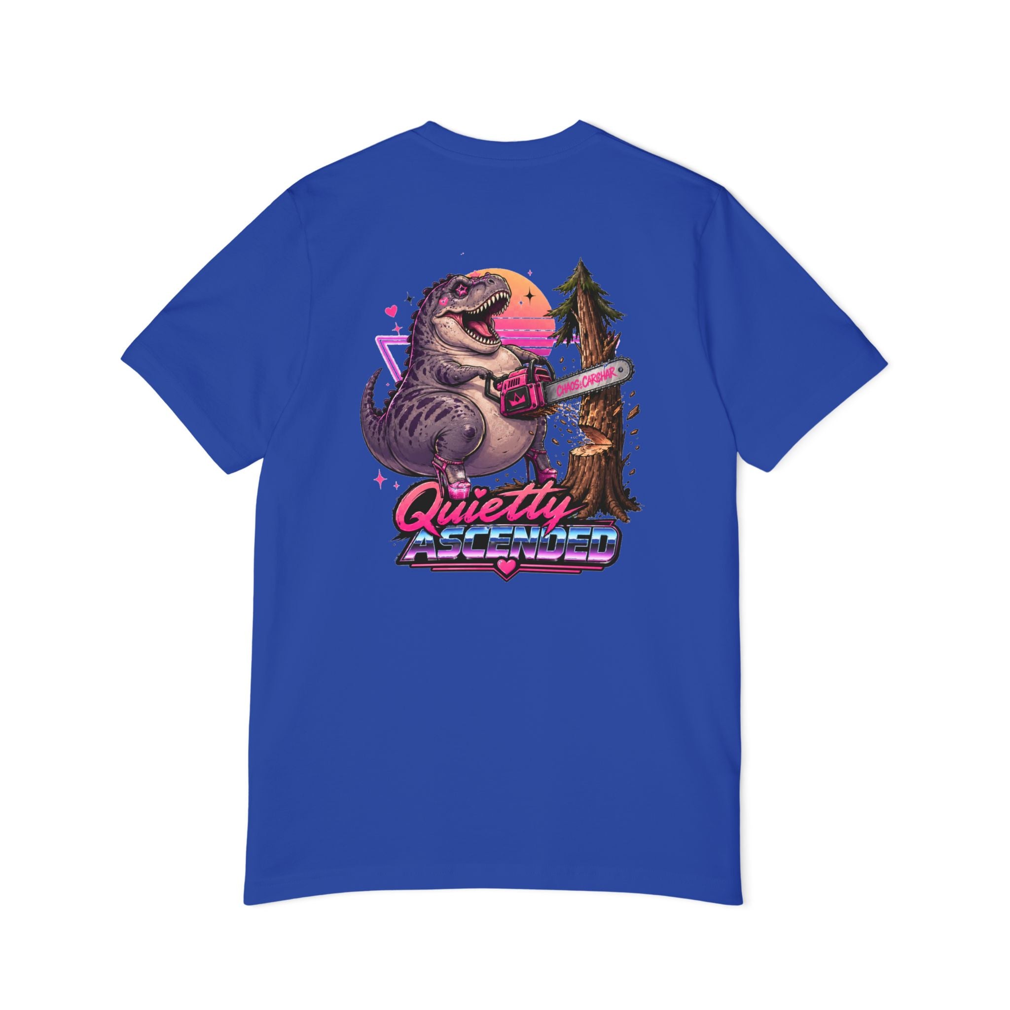 T-Shirt — "Quietly Ascended" Retro Dino Chainsaw Graphic Tee