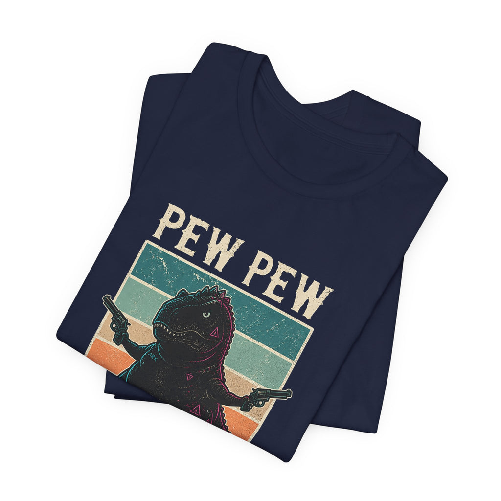 Pew Pew Madafakas T‑Shirt — Retro Dino with Guns Funny Graphic Tee