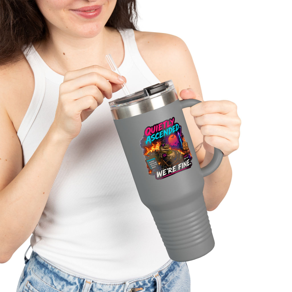 40oz Insulated Travel Mug — “Quietly Ascended, We’re Fine” Retro Gamer Vaporwave Design